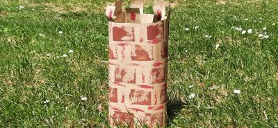 Tudor Tower made of sugar paper with printed bricks on it.