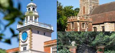 collage of a clocktower, medieval church and jacobean priory gate