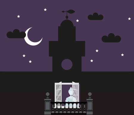 Image of Bruce Casle at night with ghostly lady at window