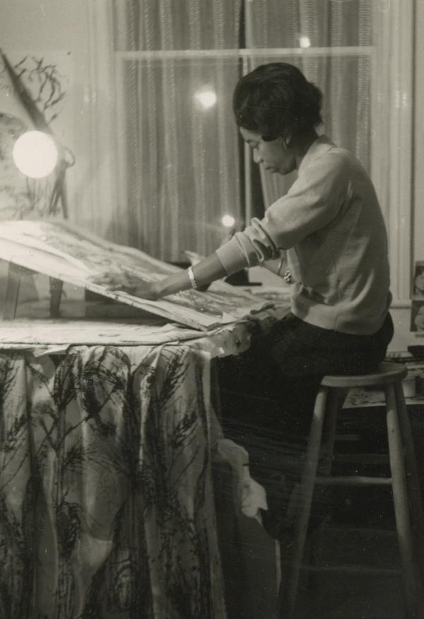 Althea McNish working at her desk