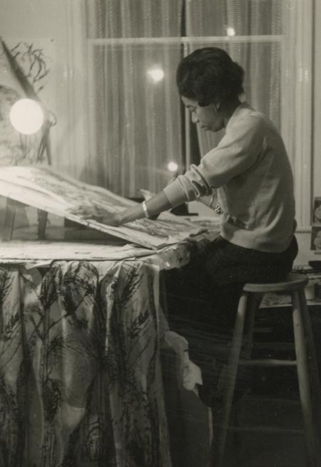 Althea McNish working at her desk