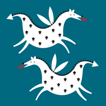 Image of two white dragons with black fleur de lys on them on a teal background