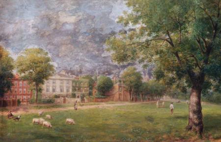 painting of a village green with large georgian houses in the background