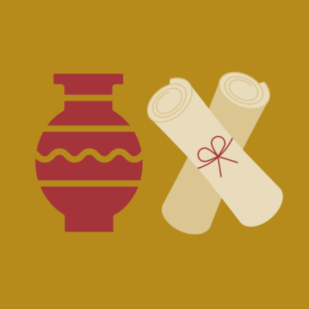 Pot and scrolls on yellow background