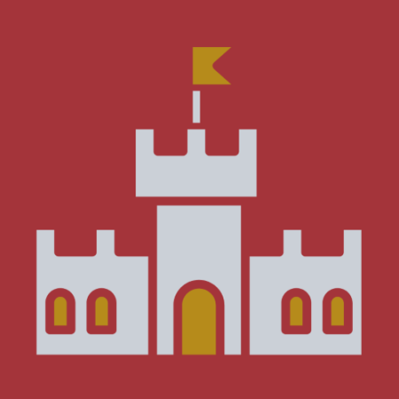 Grey castle on red background with gold flag on top