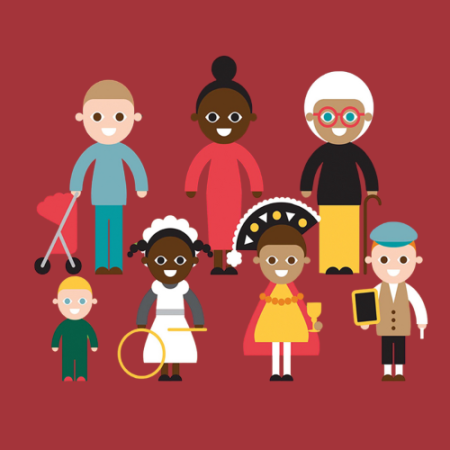 Cartoon figures on red background