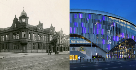 old building and modern building pictured next to one another