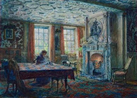 watercolour painting of jacobean interior