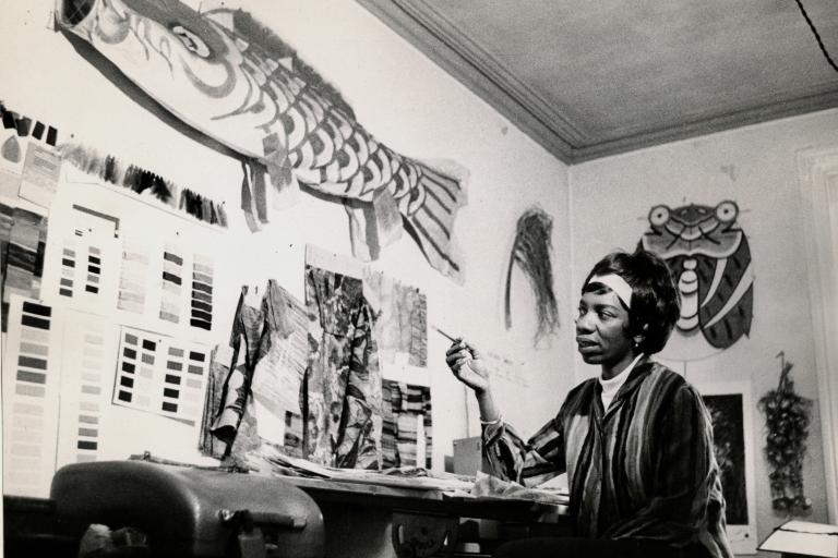 Althea McNish in her studio