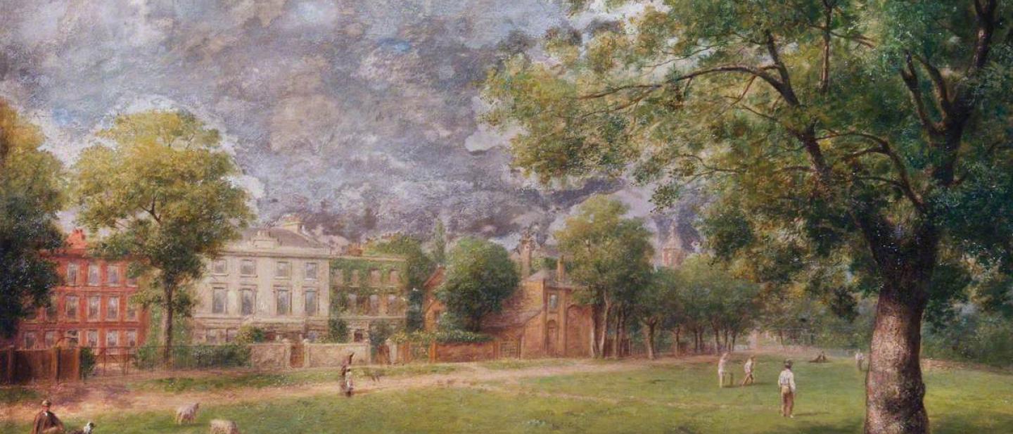 painting of a village green with large georgian houses in the background