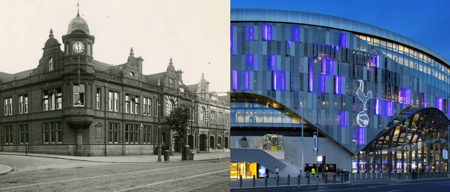 old building and modern building pictured next to one another