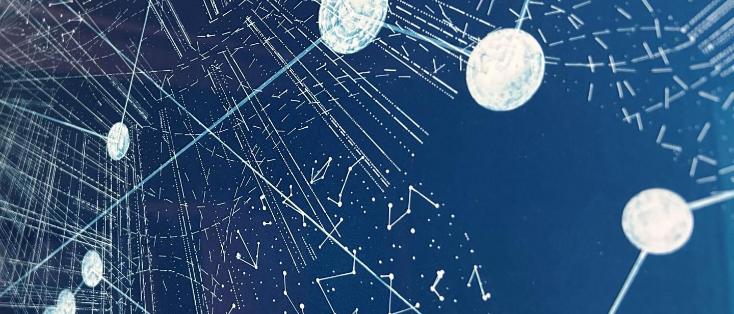 closeup of blue and white artwork