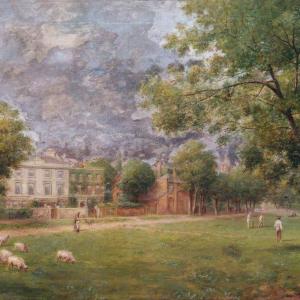 painting of a village green with large georgian houses in the background