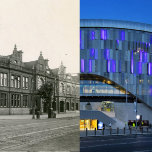 old building and modern building pictured next to one another