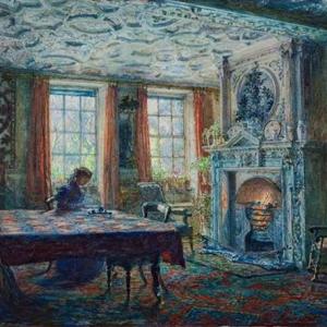 watercolour painting of jacobean interior